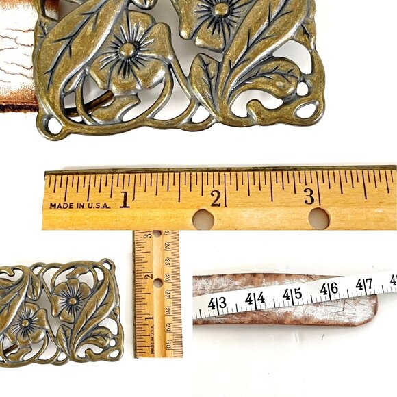 White Distressed Leather Belt with Boho Brass Floral Buckle by Goorin, Size M/L - Picture 6 of 8